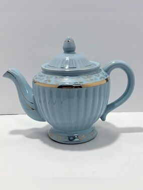 Vintage Light Blue Porcelain Teapot with Gold Trim - Elegant Tea Server